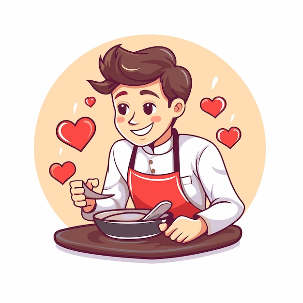 Cute cartoon boy in apron cooking food Vector illustration