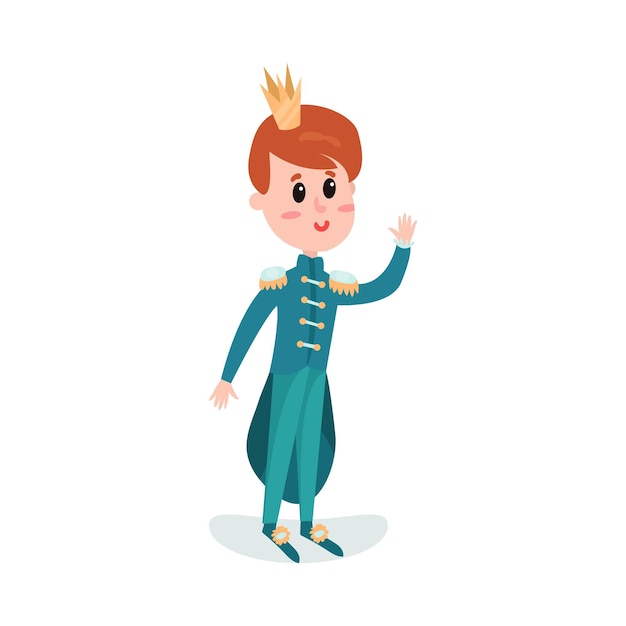 Vector cute cartoon boy character in a blue prince costume with crown colorful vector illustration on a white background