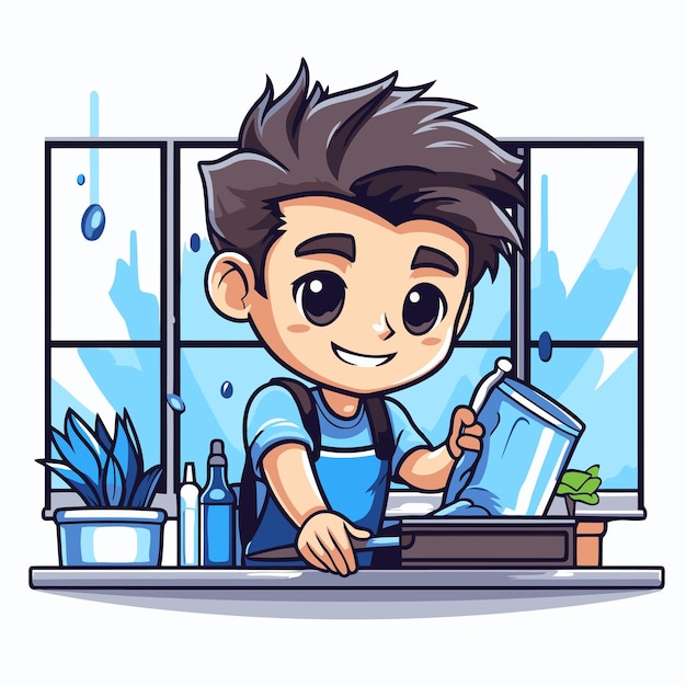 Cute cartoon boy cleaning the window at home Vector illustration