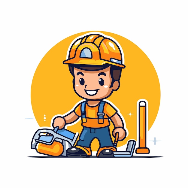 Cute cartoon boy construction worker with building tools Vector illustration