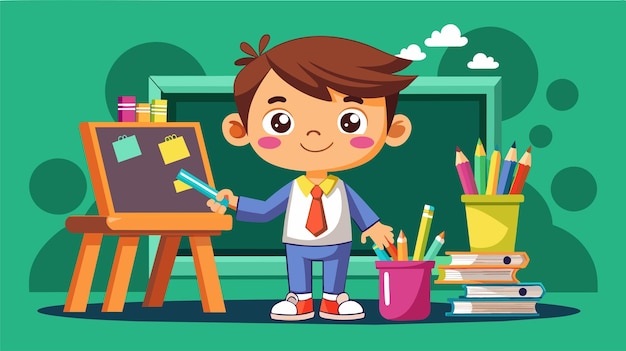 Cute cartoon boy drawing on chalkboard in classroom setting