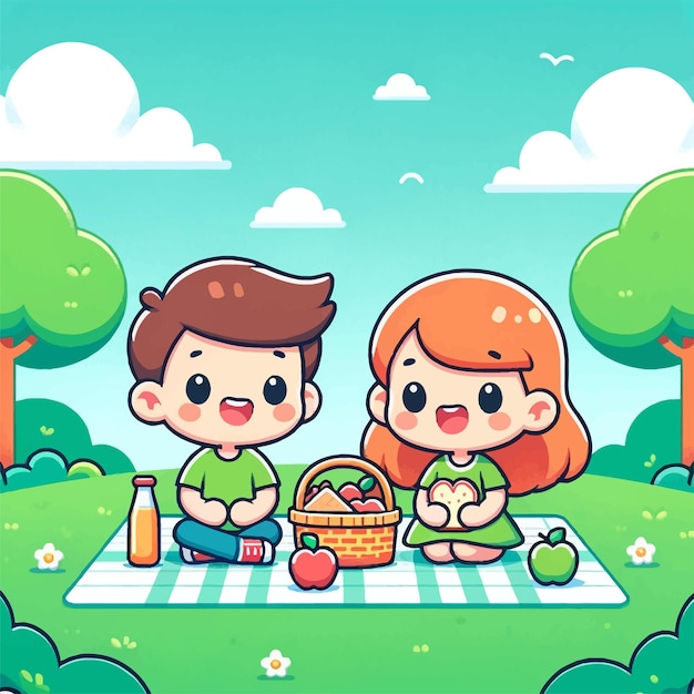 Милый мультфильм о мальчике и девочке, которые делают пикник в парке.
