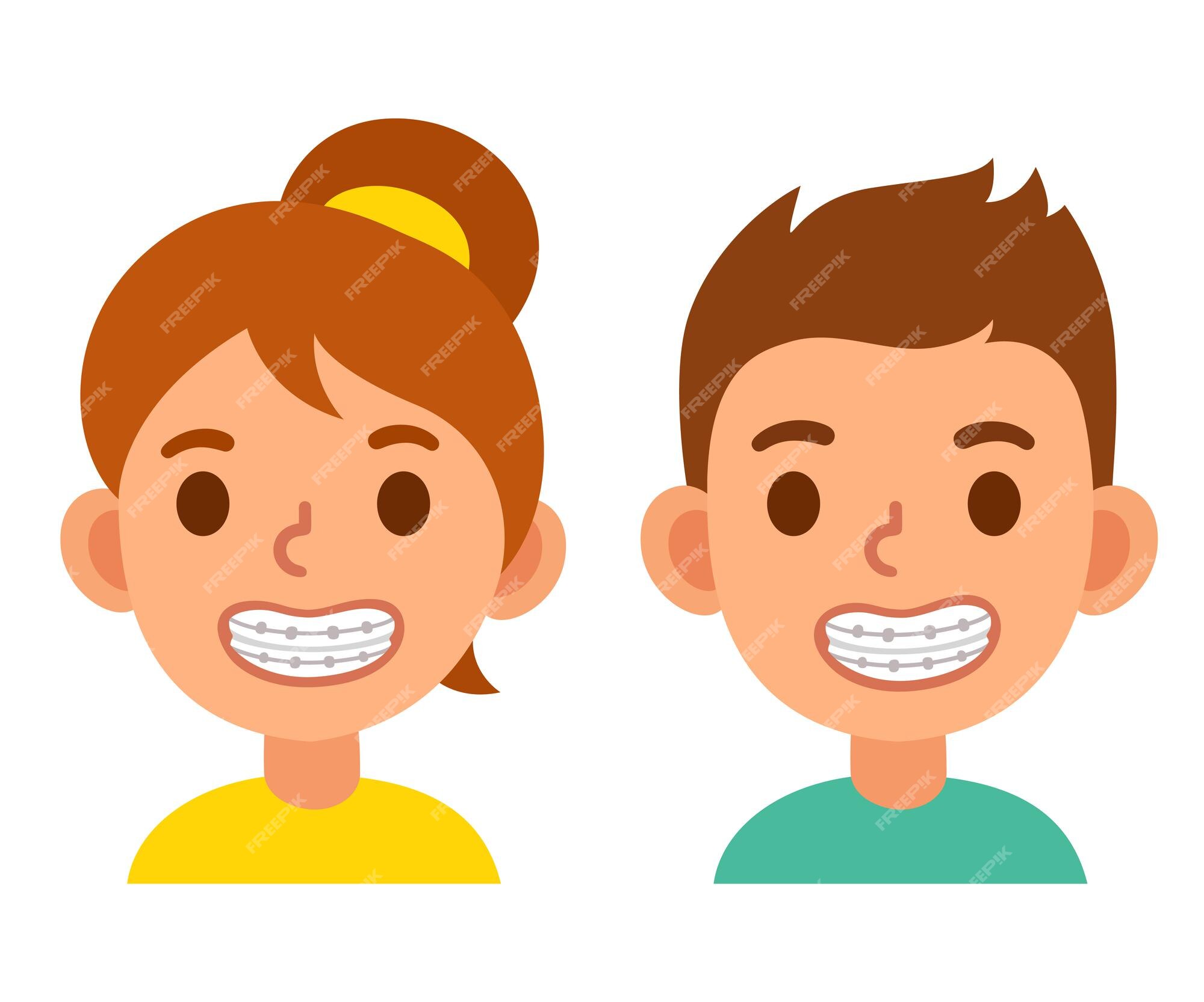 Premium Vector | Cute cartoon boy and girl with teeth braces smiling kids with dental treatment Premium Vector | Cute cartoon boy and girl with teeth braces smiling kids with dental treatment