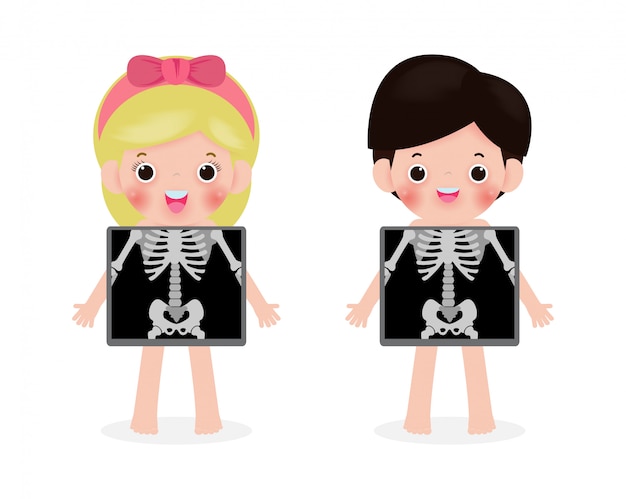 Cute cartoon boy and girl with x-ray screen showing internal organs and skeleton. x ray check bones kid, element of educational infographics for kids  illustration isolated on white background