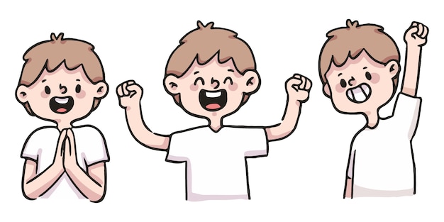 Cute cartoon boy happy, excited and sucessful illustration set