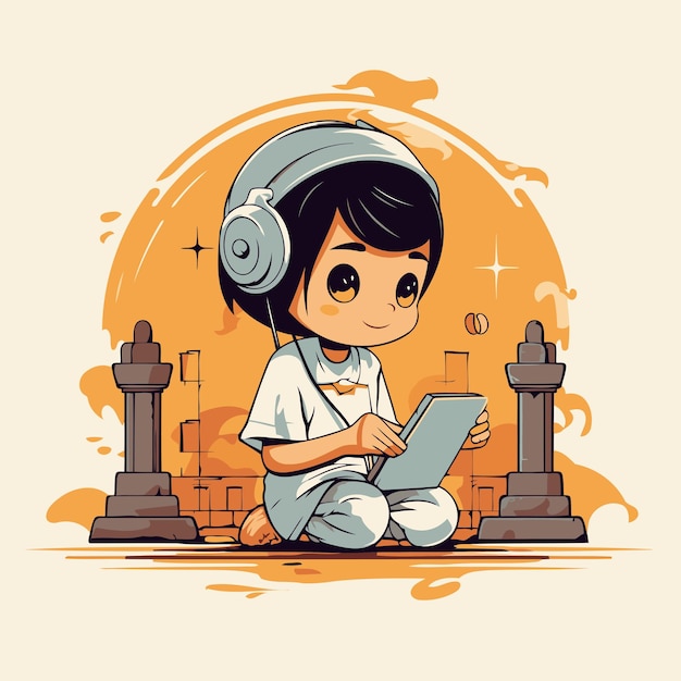 Cute cartoon boy listening to music on tablet Vector illustration