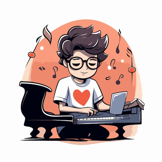 Vector cute cartoon boy playing piano vector illustration in a flat style