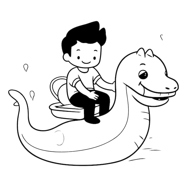 Vector cute cartoon boy riding a dinosaur on a boat