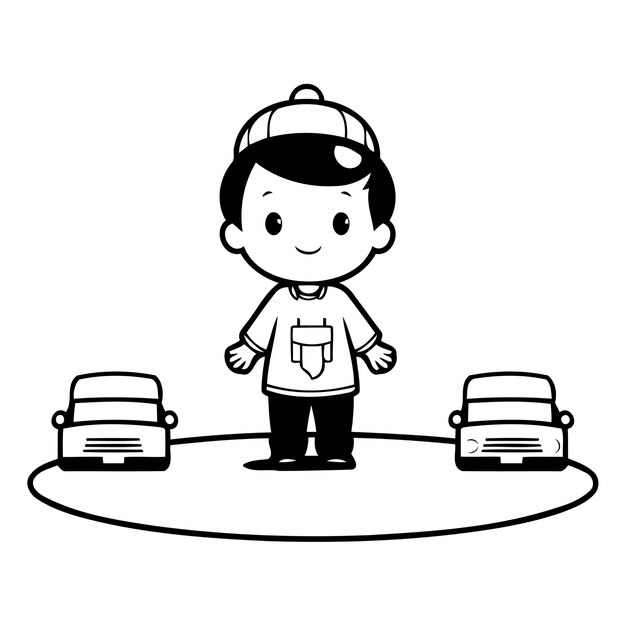 Vector cute cartoon boy taxi driver on the road vector illustration