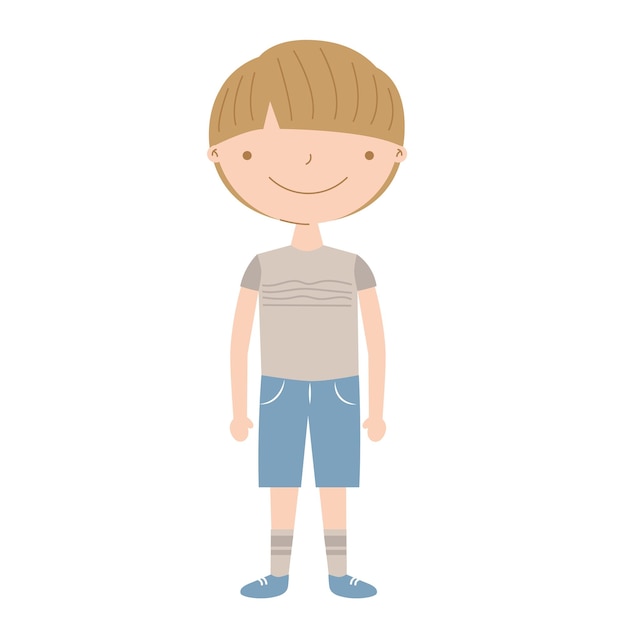 Вектор Милый мультяшный мальчик с каштановыми прямыми волосами, коричневой рубашкой и синими штанами, векторная иллюстрация