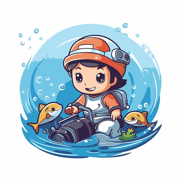 Cute cartoon boy with fishing rod and fish Vector illustration