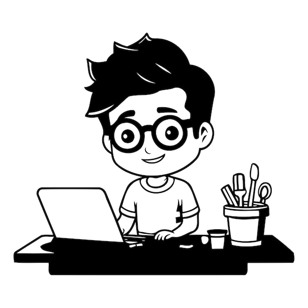 Cute cartoon boy with glasses working on laptop Vector illustration