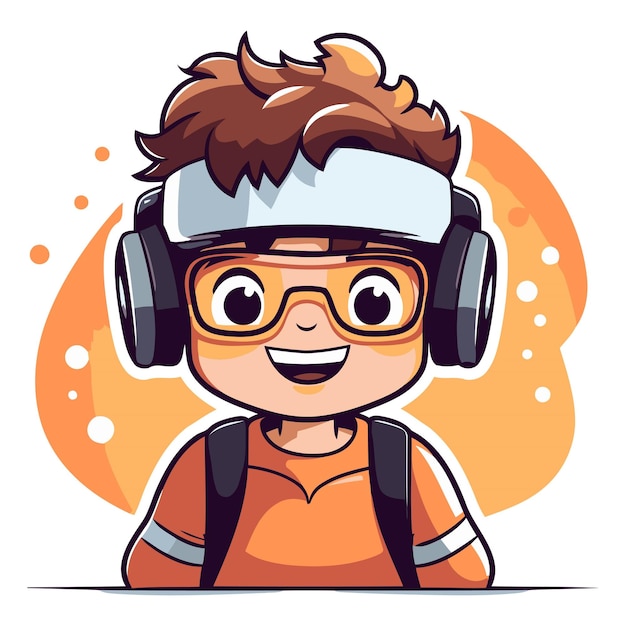 Vector cute cartoon boy with headphones listening to music