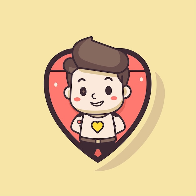 Cute cartoon boy with heart shape pin Valentines day vector illustration