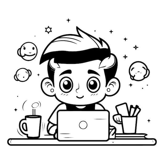 Cute cartoon boy with laptop Vector illustration Black and white