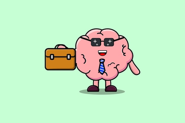 Cute cartoon Brain businessman character holding suitcase illustration