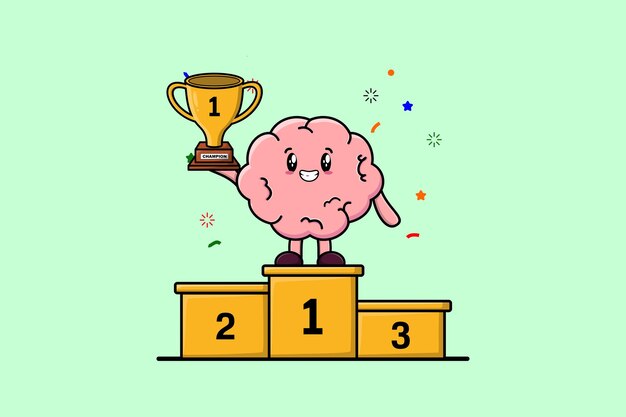 Cute cartoon Brain character as the first winner with happy expression in modern illustration