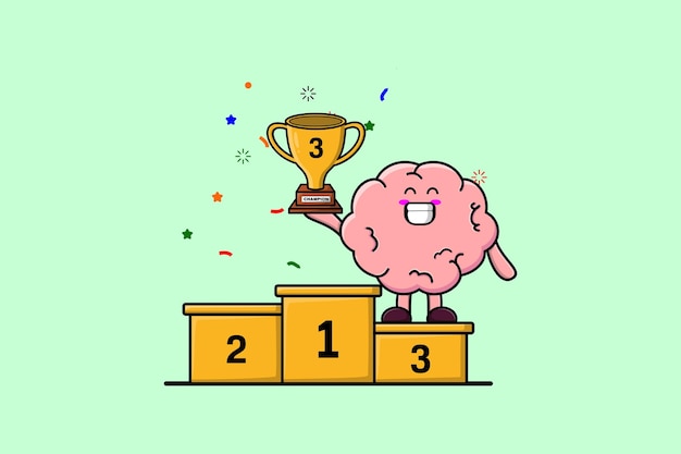 Cute cartoon Brain character as the third winner with happy expression in modern illustration