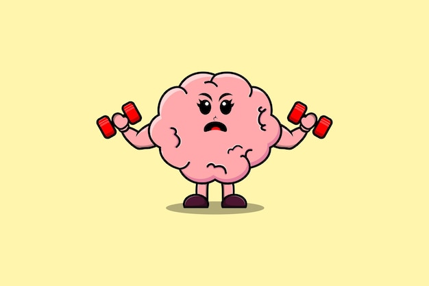 Vector cute cartoon brain character is fitness with barbell in modern style design