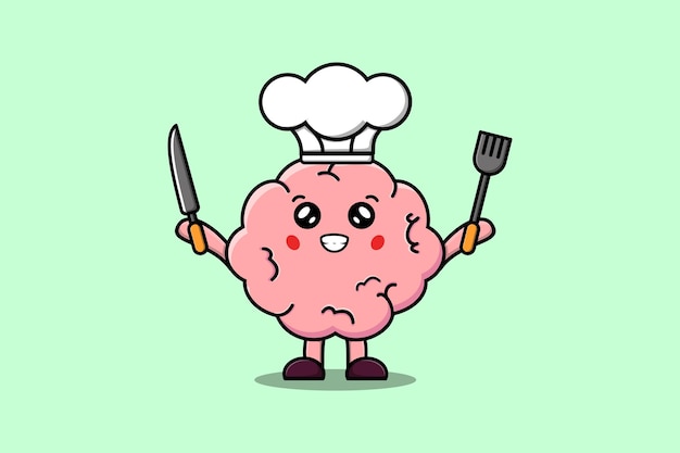 Cute cartoon Brain chef character holding knife and fork in flat cartoon style illustration