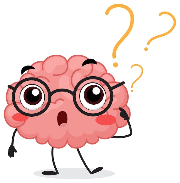 cute cartoon brain with question mark isolated on white