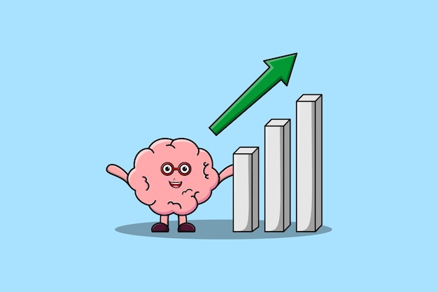 cute cartoon Brain with rising sign graphic in flat 3d modern design