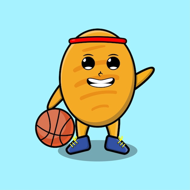 Cute cartoon bread character playing basketball