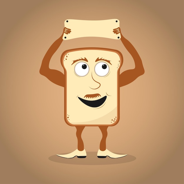 Vector cute cartoon bread toast character with blank sign isolated on a color background logo for kids store food with hand drawing style icon food vector illustration