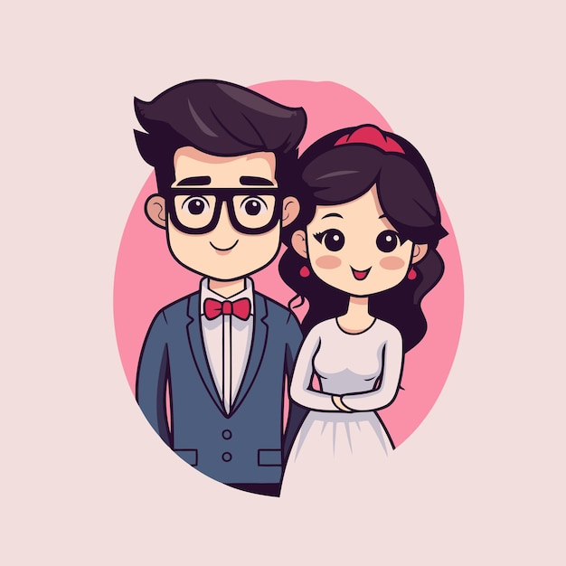 Cute cartoon bride and groom on pink background Vector illustration