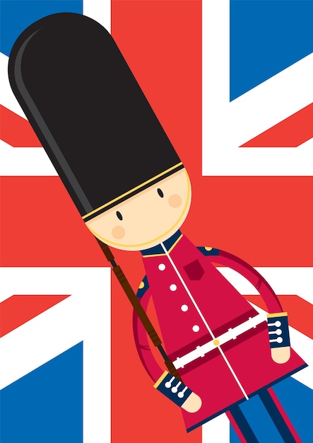 Vettore cute cartoon british beefeater royal guard sullo sfondo della bandiera union jack