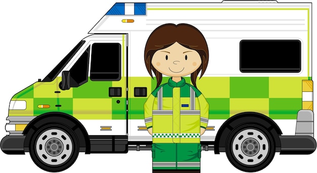 Vector cute cartoon british paramedic girl with ambulance illustration