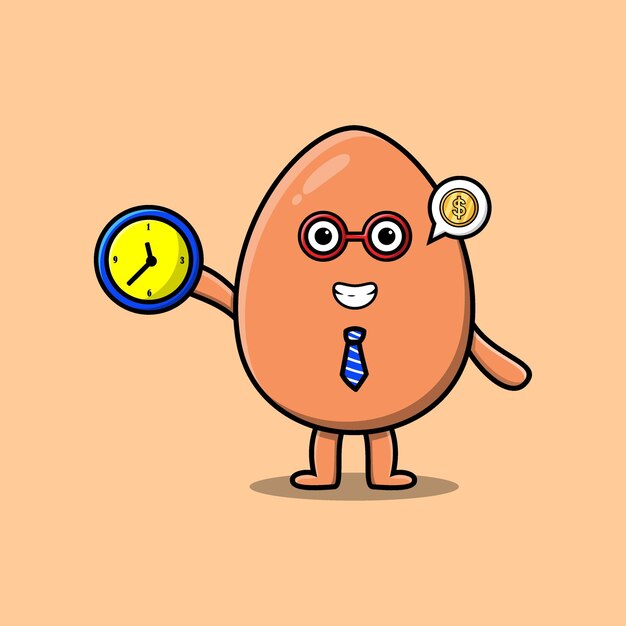 Cute cartoon brown cute egg holding clock