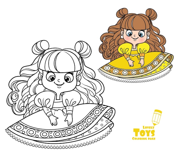 Cute cartoon brunette doll in yellow drwss outlined and color for coloring book