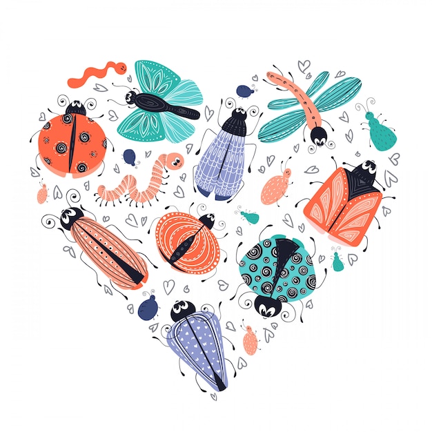 Cute cartoon bugs, beetles, vector set