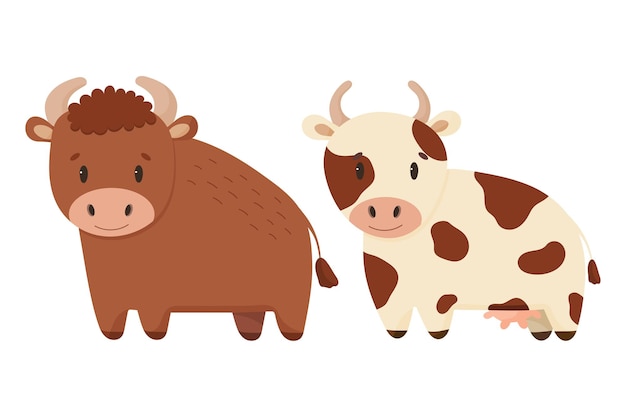 Cute cartoon bull and cow on white background