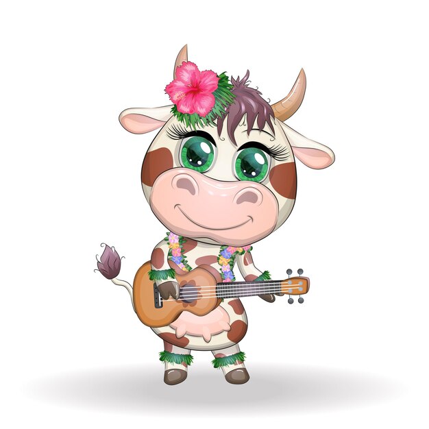 Cute cartoon bull cow with beautiful eyes hawaiian hula dancer character with ukulele guitar among leaves flowers chinese new year cute bull mascot