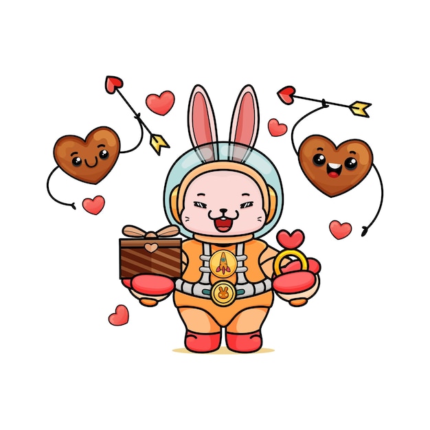 cute cartoon bunny in astronaut costume holding gift box and love ring for animation