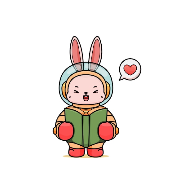 cute cartoon bunny in an astronaut costume holding green book for content creation