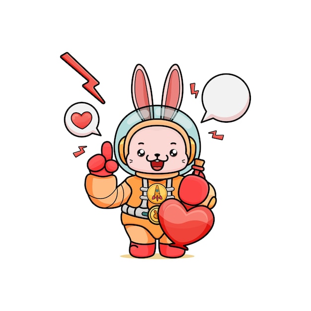 cute cartoon bunny in astronaut costume holding love potion and pointing up for animation