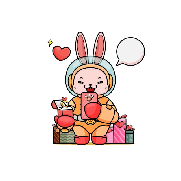 cute cartoon bunny in astronaut costume holding smartphone gift box ring wedding for animation