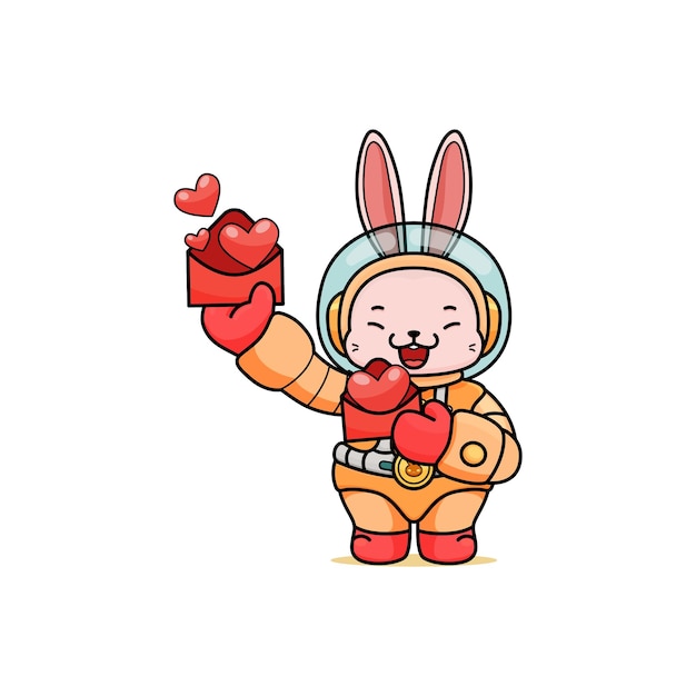 cute cartoon bunny in astronaut costume holding two love letters  for animation