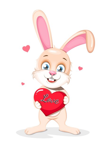 Coniglietto simpatico cartone animato che tiene un cuore con la scritta love