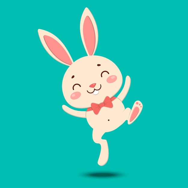 A cute cartoon bunny is jumping in a red bow tie Isolated on turquoise background Happy Easter