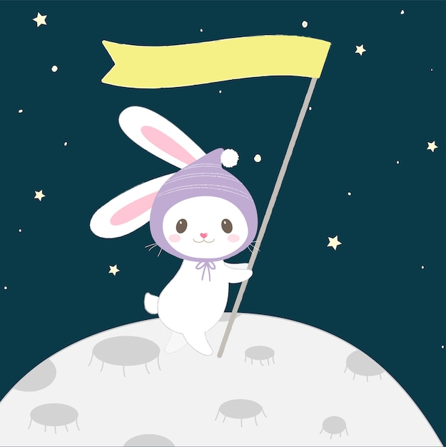 Cute cartoon bunny on the moon hand drawn style.