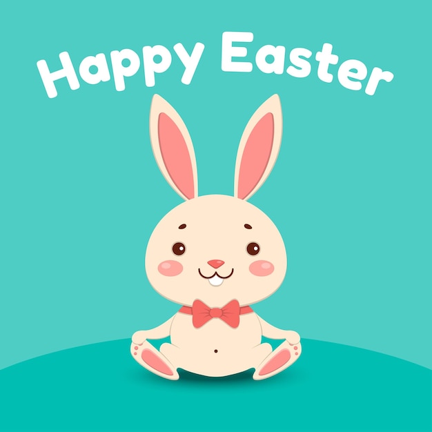 A cute cartoon bunny in a red bow tie is sitting and smiling Isolated on turquoise background Happy Easter