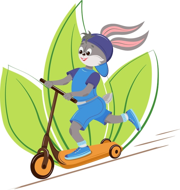 Cute cartoon bunny on a scooter against a background of green leaves.