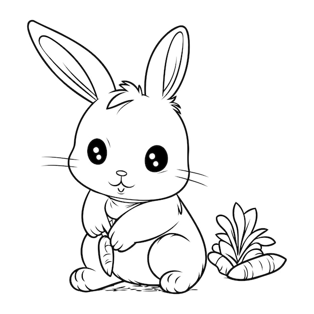 Vector cute cartoon bunny sitting on the grass vector illustration for coloring book