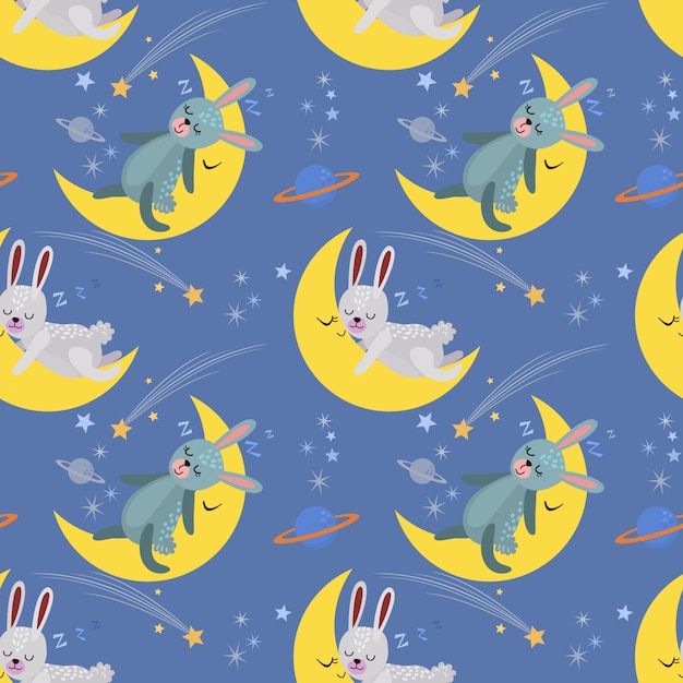 Cute cartoon bunny sleeping on the moon.