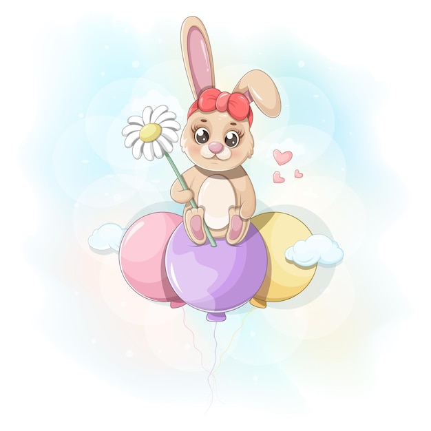 Simpatico coniglietto cartone animato con un fiore sta volando su palloncini