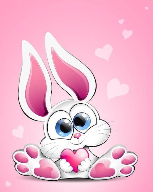 Милый мультяшный кролик с сердцем в руках. валентинка.